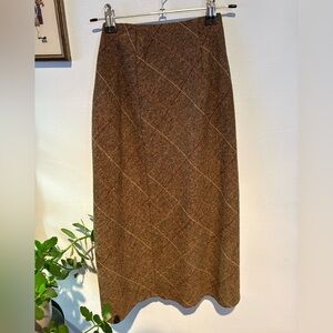 Vintage Wool Brown Plaid Midi Skirt